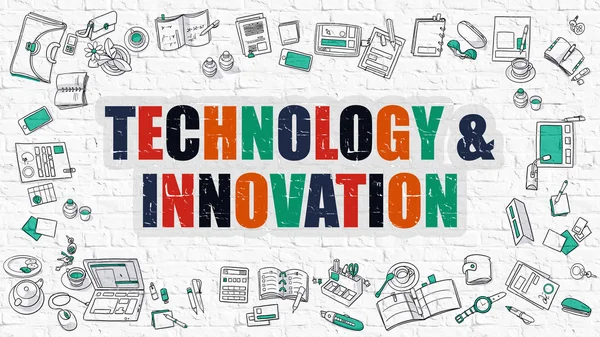 Tecnologia e innovazione sul muro di mattoni bianchi . — Foto Stock