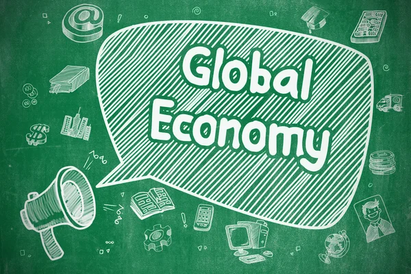 Wereldeconomie-doodle illustratie op groene schoolbord. — Stockfoto