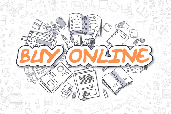 Online kopen-cartoon oranje inscriptie. Business concept. — Stockfoto