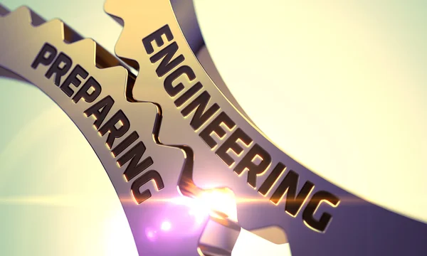 Golden Cog Gears with Engineering Preparing Concept. 3D. — Stock Photo, Image