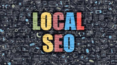 Koyu Brickwall üzerinde Çok renkli Yerel Seo. Doodle Tarzı.