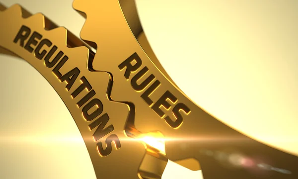 Rules Regulations Concept. Golden Cog Gears. 3D. — Stock Photo, Image