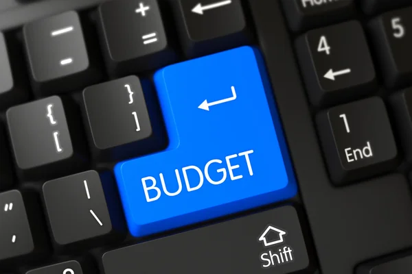 Budget closeup av blå tangentbord knapp. 3d. — Stockfoto