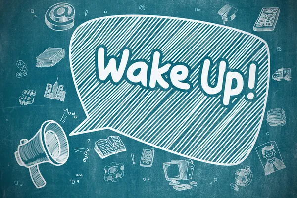 Wake Up - Illustrazione dei cartoni animati sulla lavagna blu . — Foto Stock