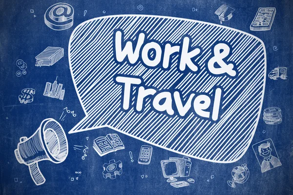 Work And Travel - Cartoon Illustration on Blue Chalkboard. — Stok fotoğraf