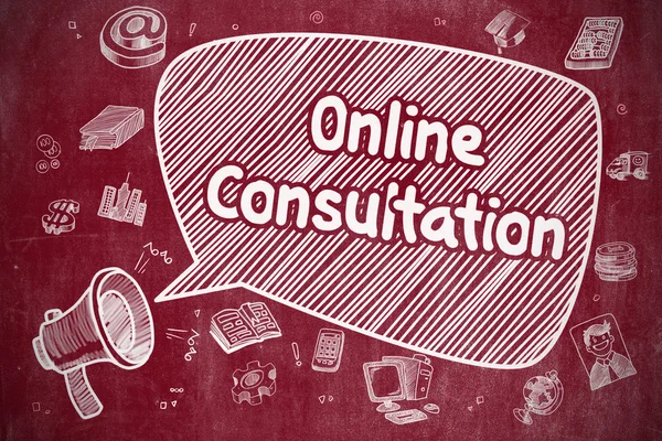 Online consultatie-doodle illustratie op rode schoolbord. — Stockfoto