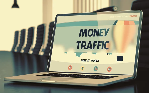 Money Traffic on Laptop in Conference Room. 3D Render. — Stock Photo, Image