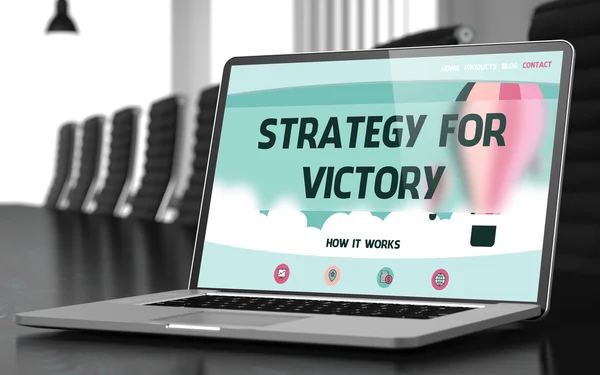Strategia dla zwycięstwa na laptopie w sali konferencyjnej. 3D. — Zdjęcie stockowe