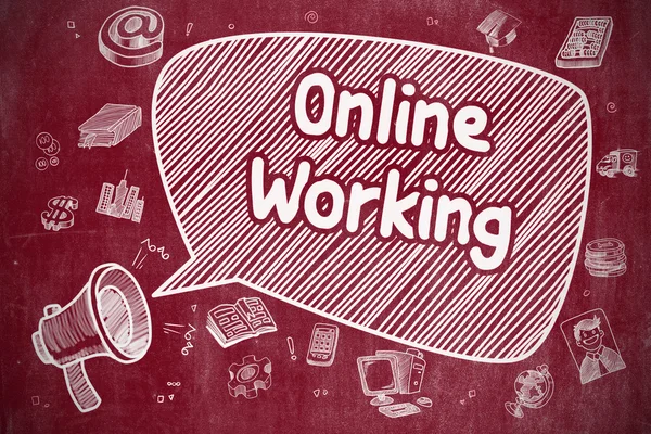 Online Working - Cartoon Illustration on Red Chalkboard. — Φωτογραφία Αρχείου