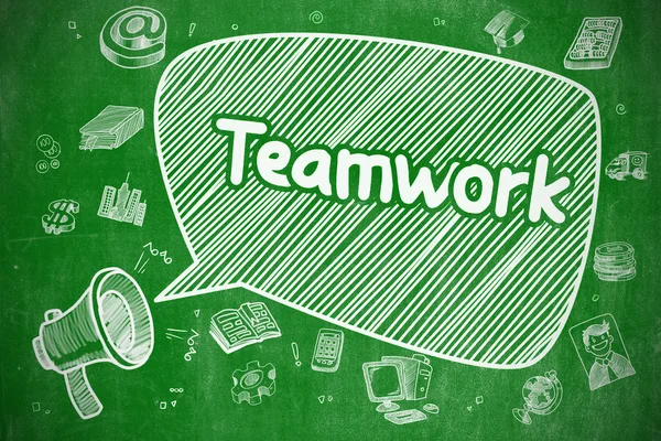 Teamwork - Cartoon Illustration on Green Chalkboard. — Stockfoto