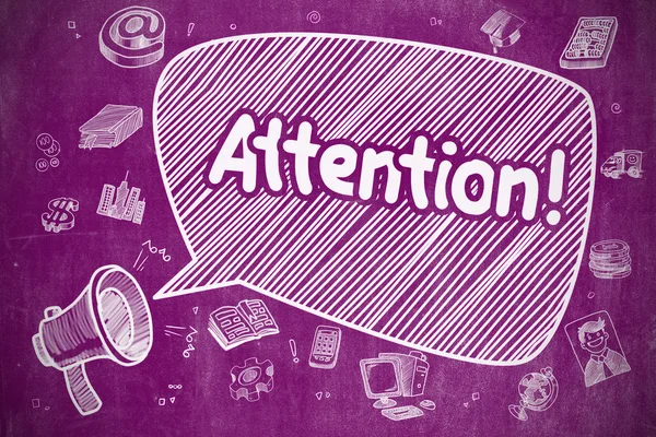 Attention - Cartoon Illustration on Purple Chalkboard. — Stockfoto