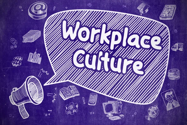 Cultura del lugar de trabajo - Ilustración de dibujos animados en pizarra azul . —  Fotos de Stock