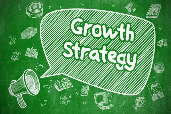 Estrategia de crecimiento - Ilustración de dibujos animados en pizarra verde . —  Fotos de Stock