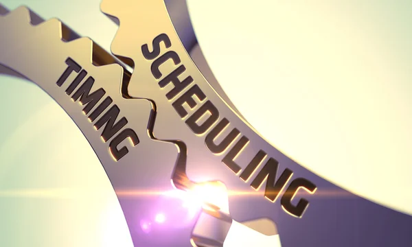 Schemaläggning Timing konceptet. Gyllene metalliskt Cog Gears. 3D. — Stockfoto