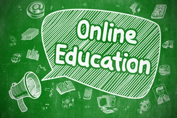 Online onderwijs - Cartoon afbeelding op groene schoolbord. — Stockfoto