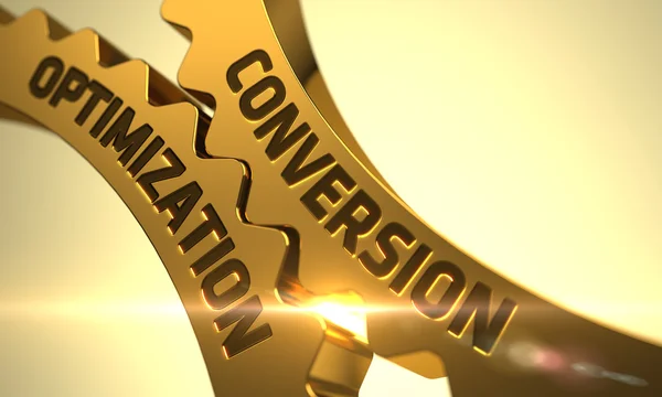 Conversion Optimization on the Golden Metallic Cog Gears. 3D. — Stock Photo, Image