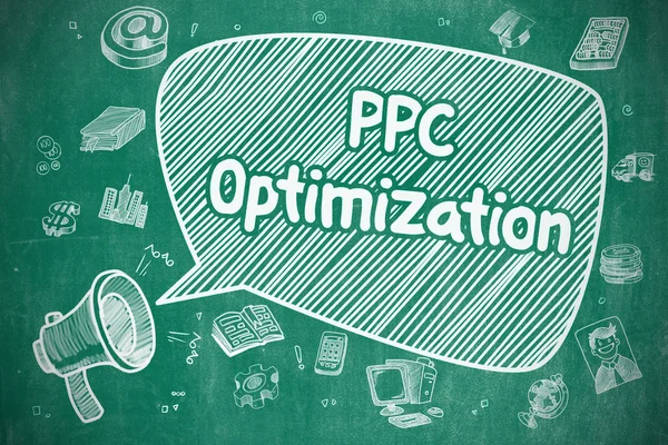 Optimización PPC - Ilustración de dibujos animados en pizarra azul . —  Fotos de Stock