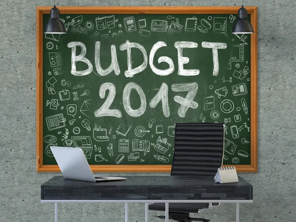 Tabule na zdi kanceláře s konceptem 2017 rozpočtu. 3D. — Stock fotografie