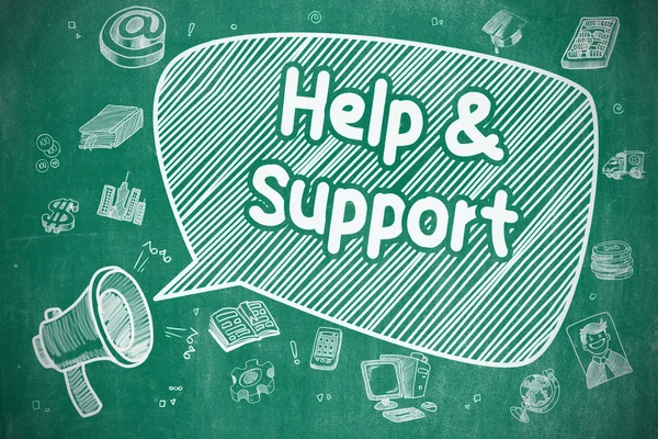Hjälp och Support - tecknad bild på blå tavlan. — Stockfoto
