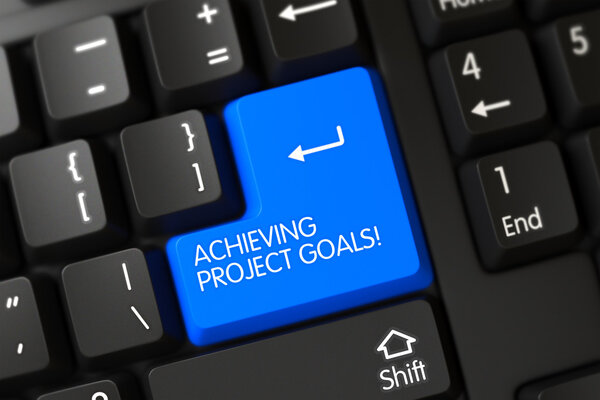 Blue Achieving Project Goals Key on Keyboard. 3D.