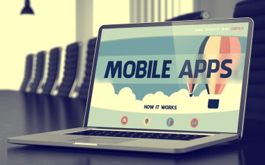 Mobil Apps Toplantı salonunun içinde laptop. 3D.