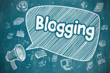 Blogging - çizgi film illüstrasyon mavi kara tahta üzerinde.