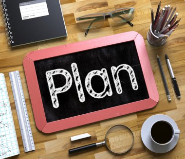 Planı - metin küçük kara tahta üzerinde. 3D.