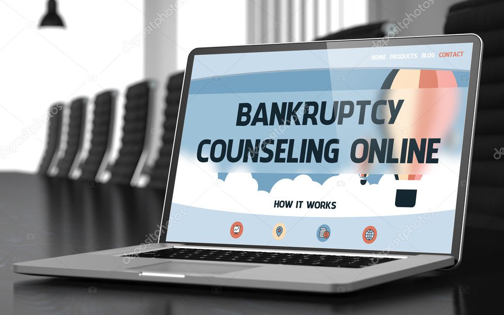 Bankruptcy Counseling Online on Laptop in Conference Hall. 3D.