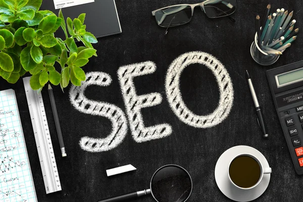 Siyah Kara tahta üzerinde SEO kavramı. 3D render.