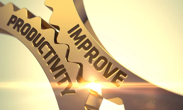 Improve Productivity Concept. Golden Metallic Cog Gears. 3D. — Stock Photo, Image