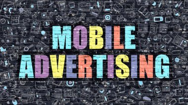 Mobil reklam kavramı. Karanlık Brickwall üzerinde çok renkli.