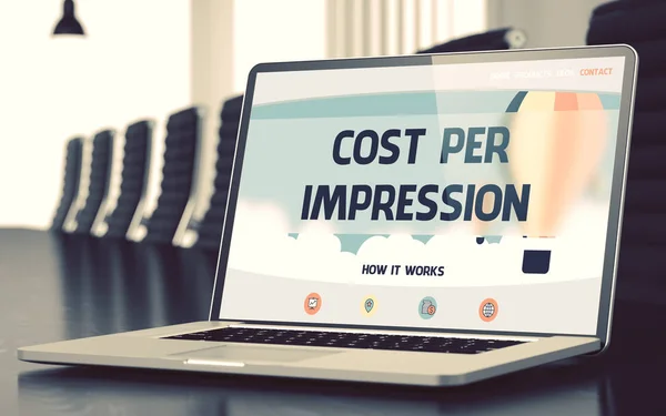 Cost Per Impression on Laptop in Conference Hall. 3D. — Stock Photo, Image