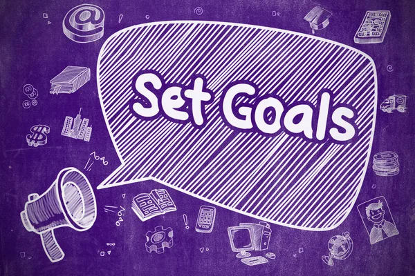 Establecer objetivos - Ilustración de Doodle en pizarra púrpura . —  Fotos de Stock