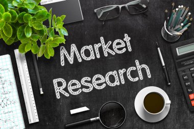 Pazar araştırması konsepti ile siyah kara tahta. 3D render.