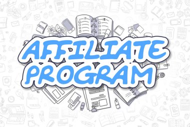 Ortaklık programı - Doodle mavi metin. İş kavramı.