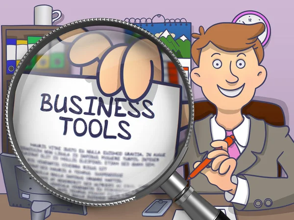 Affärsverktyg genom förstoringsglas. Doodle stil. — Stockfoto