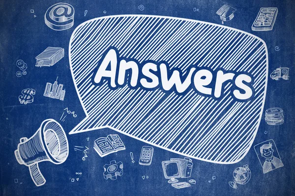 Antwoorden - Cartoon afbeelding op blauwe schoolbord. — Stockfoto