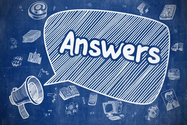 Answers - Cartoon Illustration on Blue Chalkboard. — Stock Photo, Image