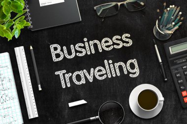 İş seyahat - Siyah Kara tahta üzerinde metin. 3D render.