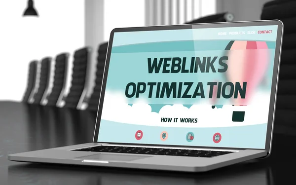 Weblinks Optimization on Laptop in Conference Hall (en inglés). 3D . — Foto de Stock