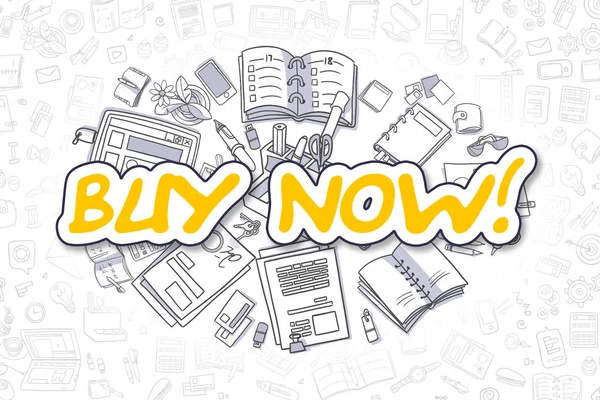 Kaufen jetzt - cartoon gelben Text. Geschäftskonzept. — Stockfoto