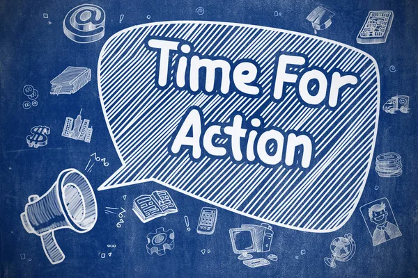 Tempo para a ação - Ilustração doodle no Chalkboard azul . — Fotografia de Stock