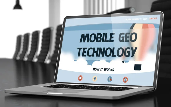 Tecnologia móvel Geo no laptop na sala de reuniões. 3D . — Fotografia de Stock