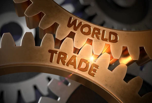 Świat handlu na złote metalowe koła zębate. ilustracja 3D. — Zdjęcie stockowe