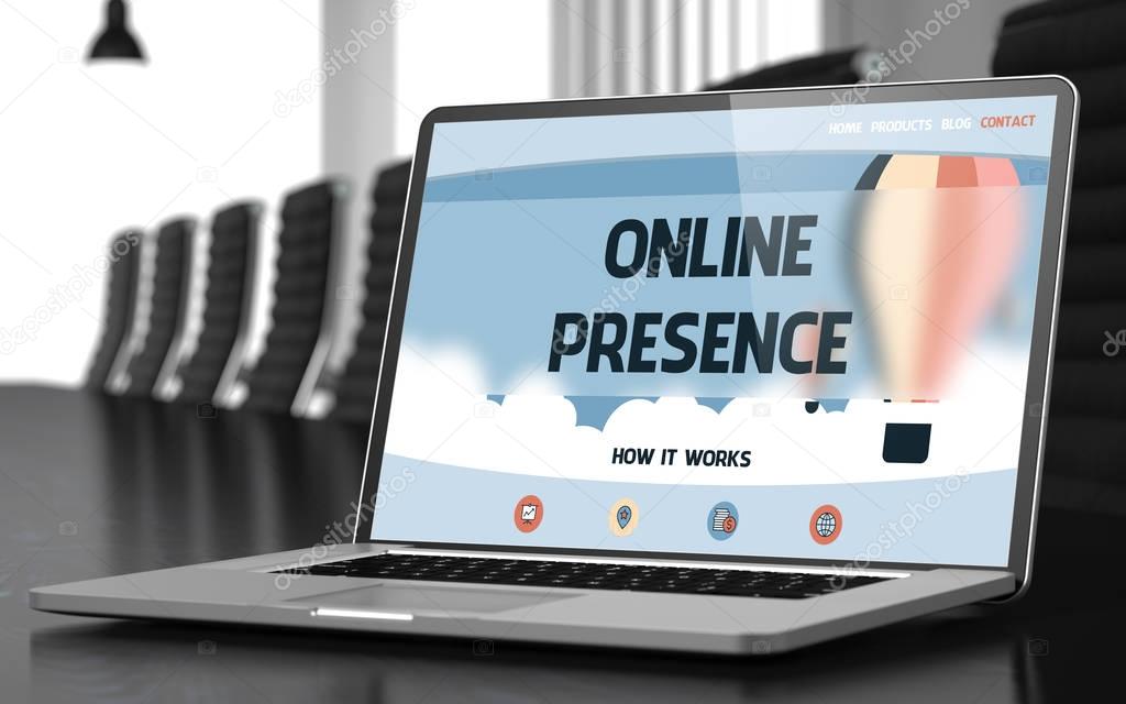 Online Presence on Laptop in Conference Hall. 3D.