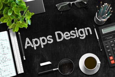 Apps tasarım - Siyah Kara tahta üzerinde metin. 3D render.