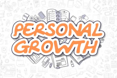 Kişisel gelişim - karikatür turuncu metin. İş kavramı.