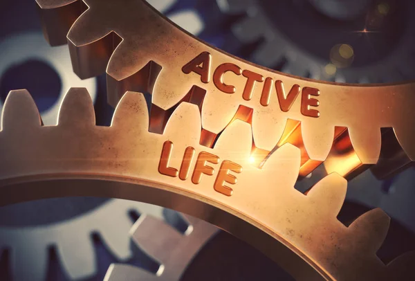 Active Life on Golden Metallic Cogwheels (en inglés). Ilustración 3D . — Foto de Stock