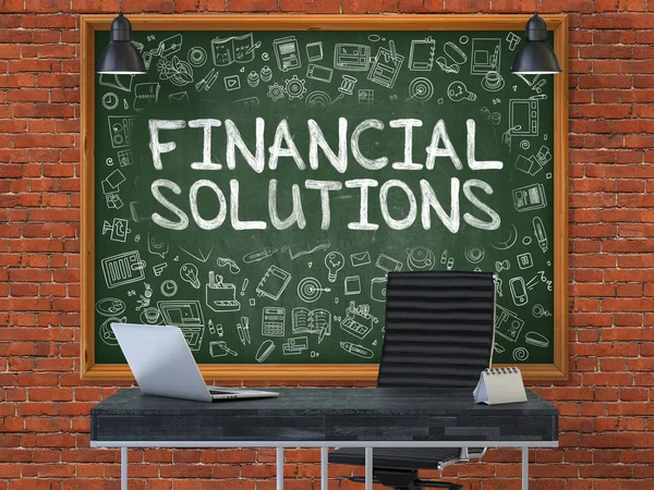 Tableau sur le mur du bureau avec le concept de solutions financières. 3D . — Photo