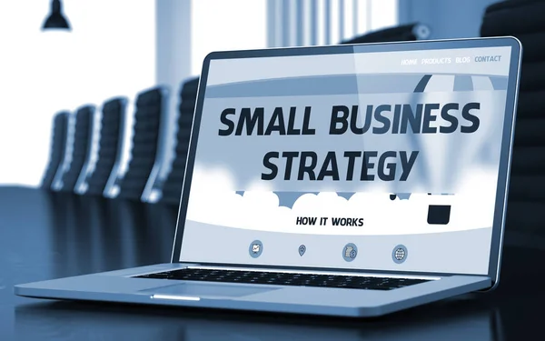 Estratégia de pequenas empresas - na tela do laptop. Fecha a porta. 3D . — Fotografia de Stock